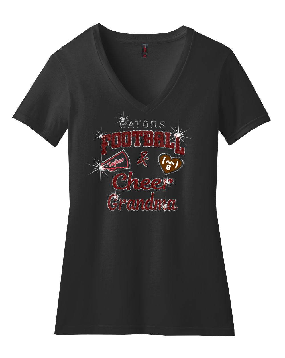 V-Neck T-Shirt for Grandma's With Cheer and Football Sparkle Designs AG
