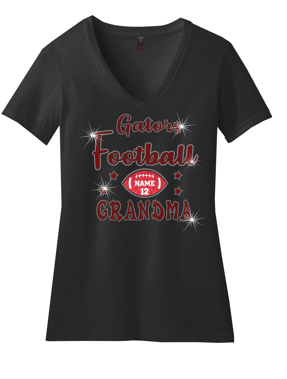 V-Neck T-Shirt for Grandma's With Cheer and Football Sparkle Designs AG
