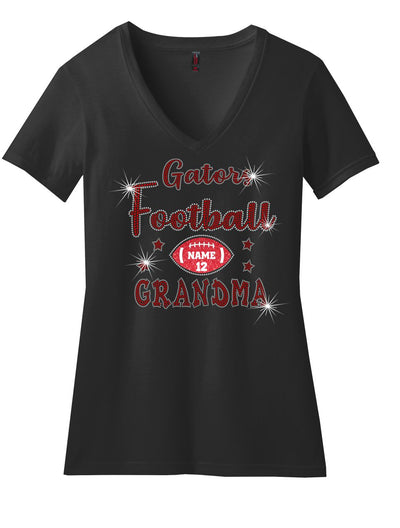 V-Neck T-Shirt for Grandma's With Cheer and Football Sparkle Designs AG